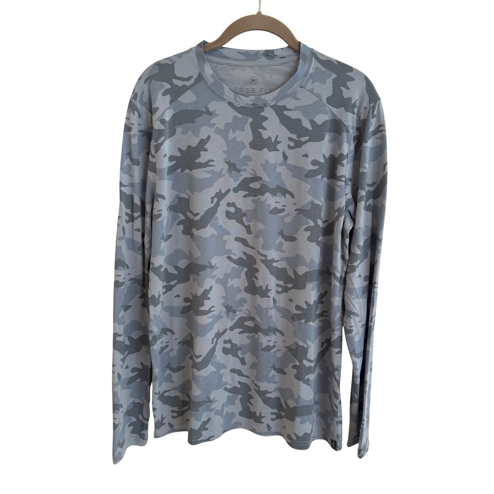 Free Fly Mens Medium Blue Bamboo Camo Long Sleeve T-Shirt Performance Camouflage